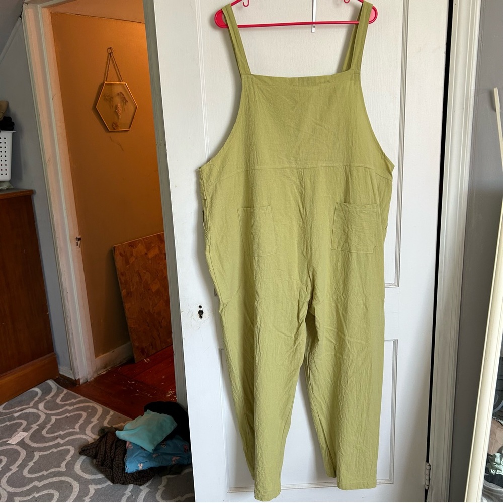Green linen cottagecore adjustable overalls